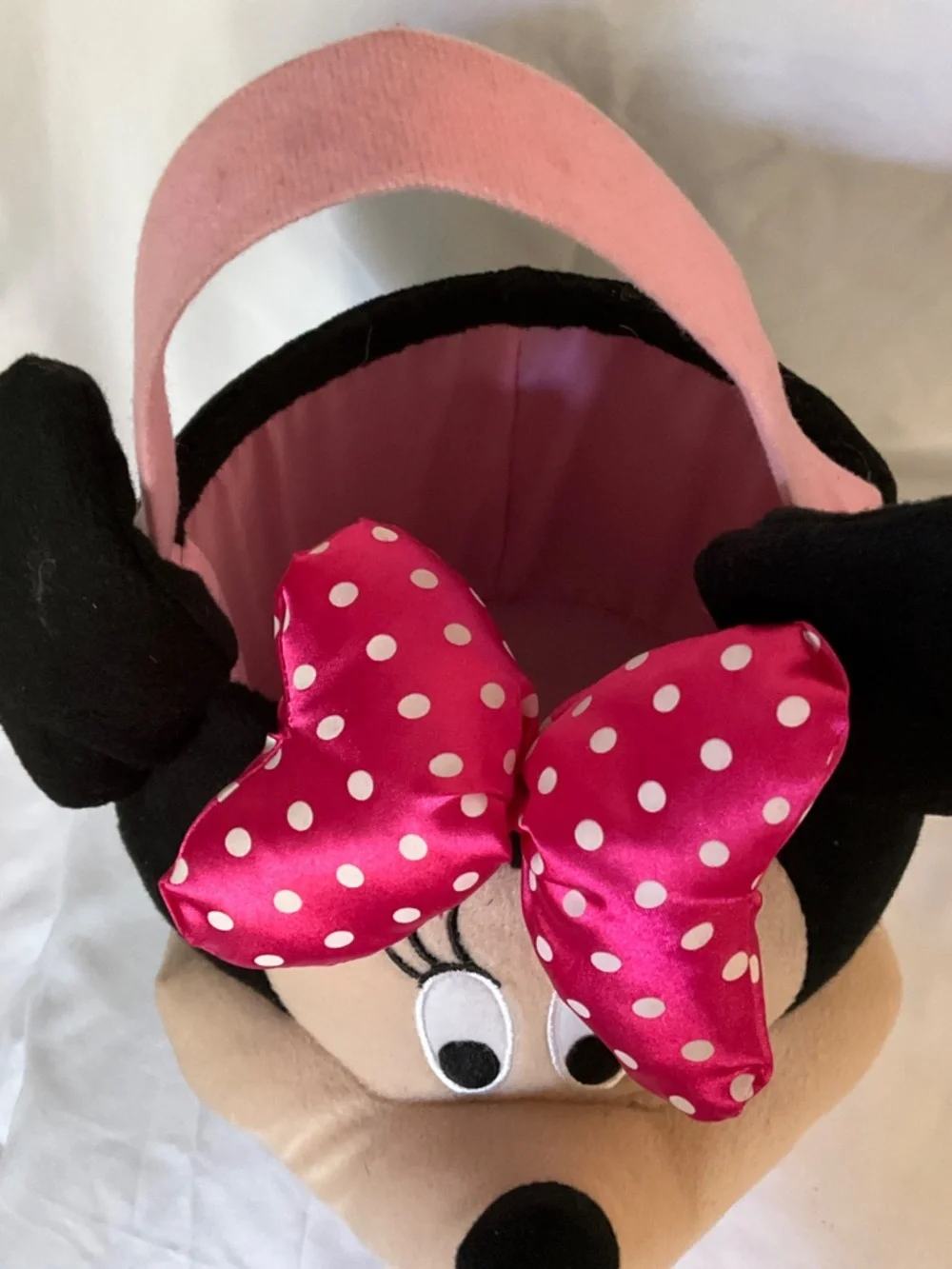 Disney Minnie Mouse Plush Head Basket Pink Polka Dot Bow Tote Easter Halloween